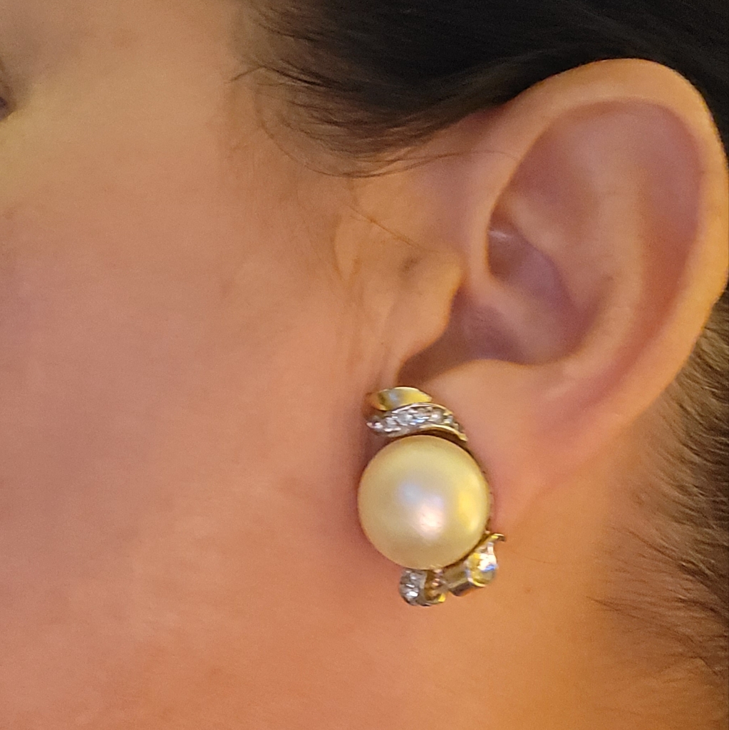 Vintage Jomaz Faux Pearl Rhinestone Clip Earrings